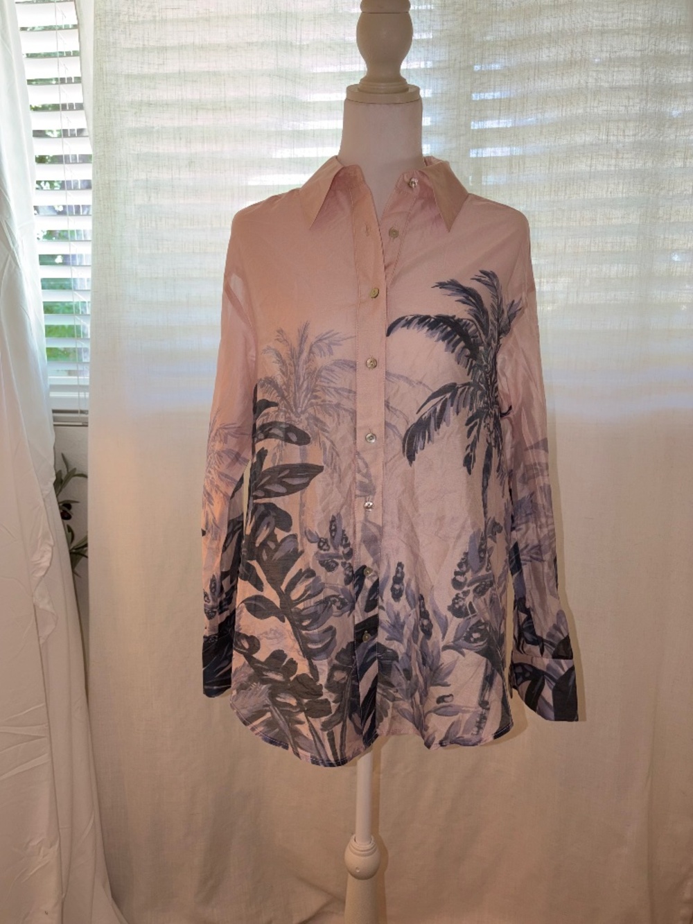 Mint Velvet organza semi sheer palm tree print button up